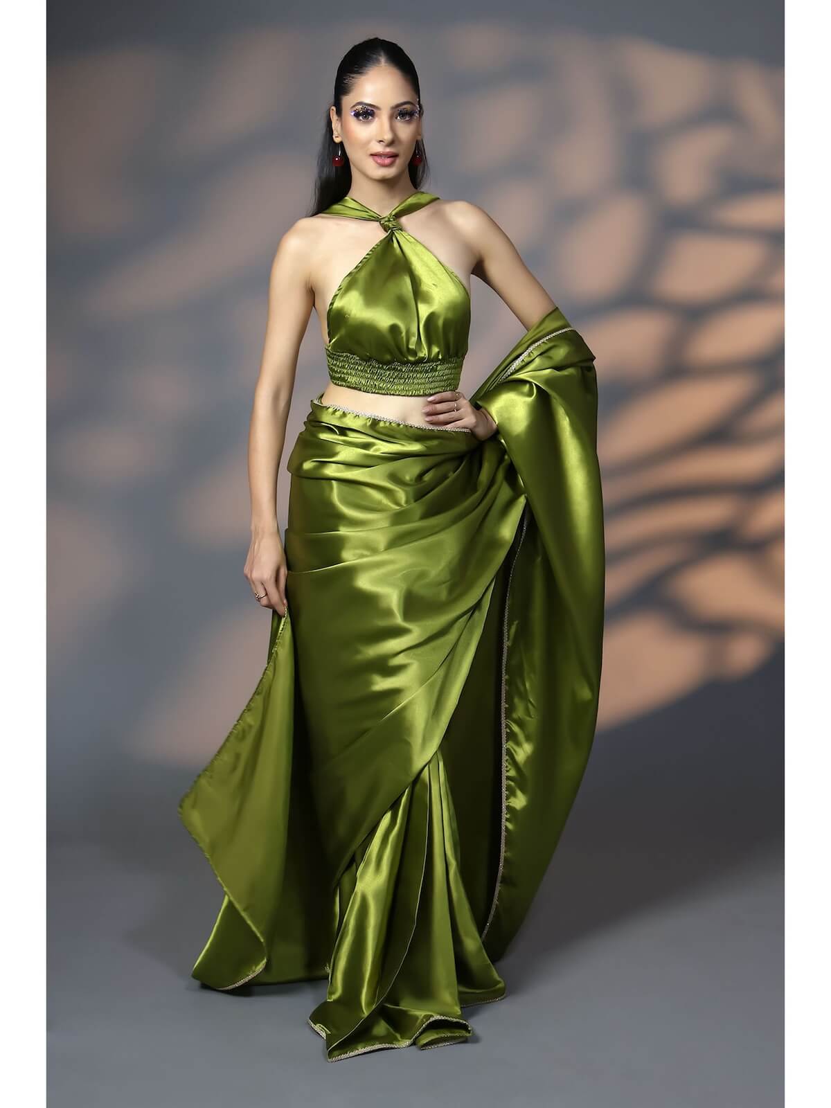 Green Gold Luxe Satin Saree with Golden Embellishments & Unstitched Blouse by Handme