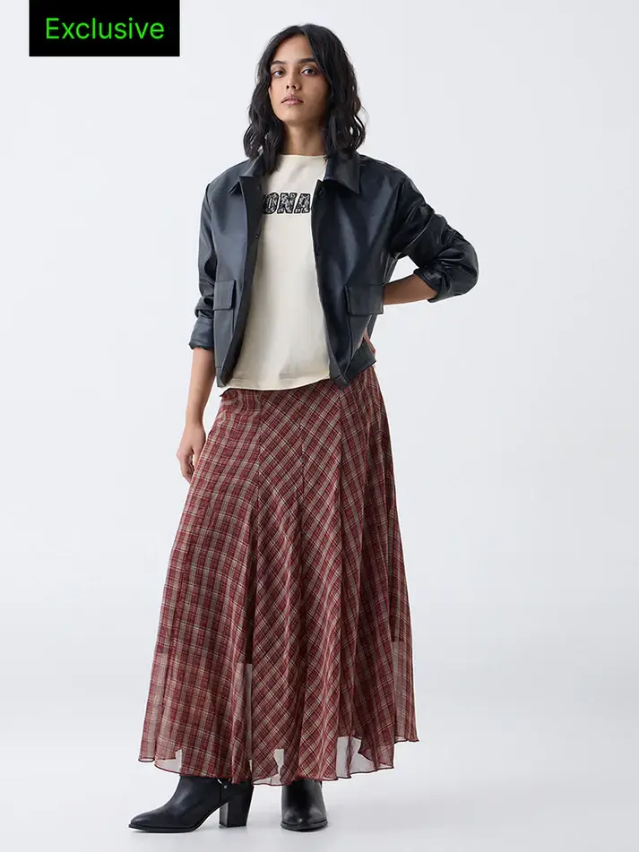 Maroon Check Pattern High-Rise Skirt-Online Exclusive