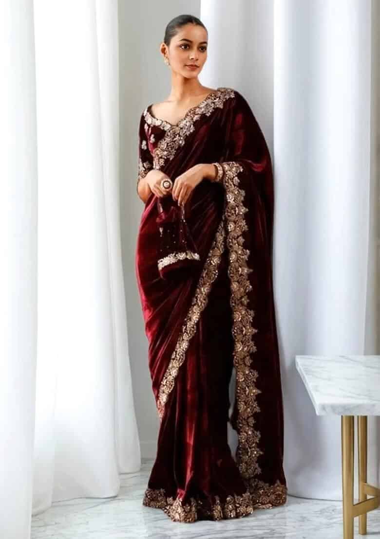 Maroon Embroidered Velvet Saree Set (Pre-Stitched Available)