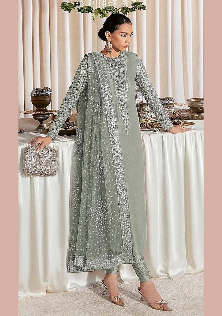 Olive Embroidered Faux Georgette Kurta Set