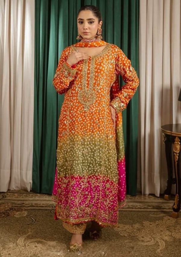 Orange Printed Blended Kurta Set