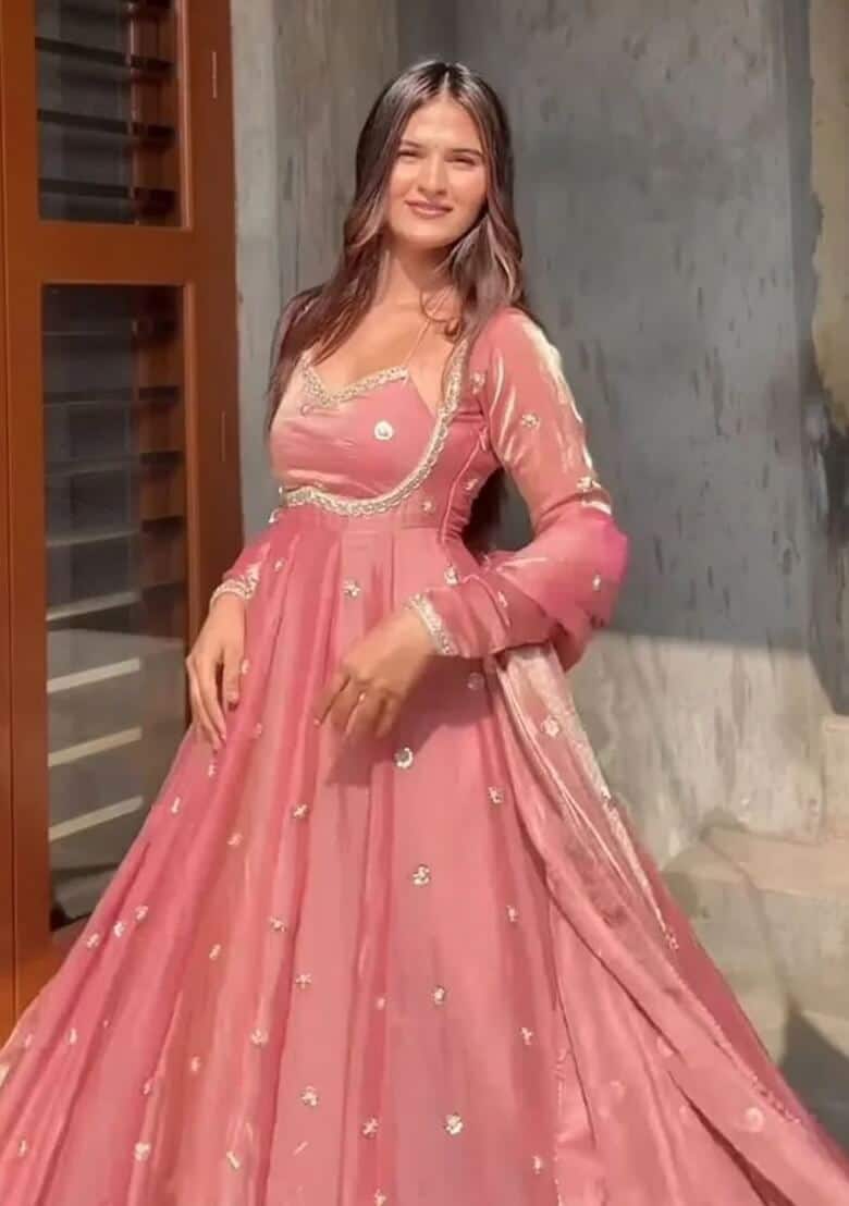 Peach Embroidery Silk Salwar Suit