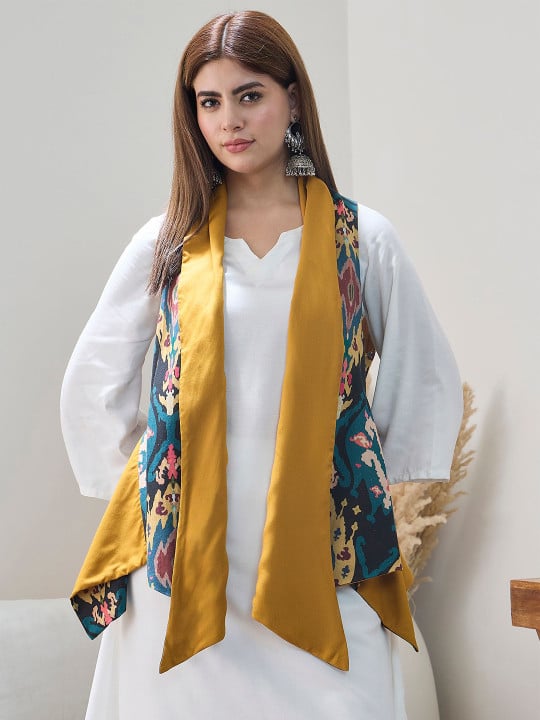 Printed V-Neck Open Front Acrylic Shrug by InWeave