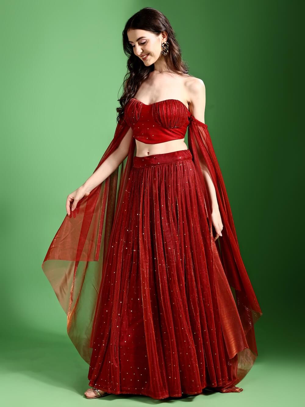 Red Lycra Party Wear Stitched Lehenga and Unstitched Blouse with Dupatta by Purvaja