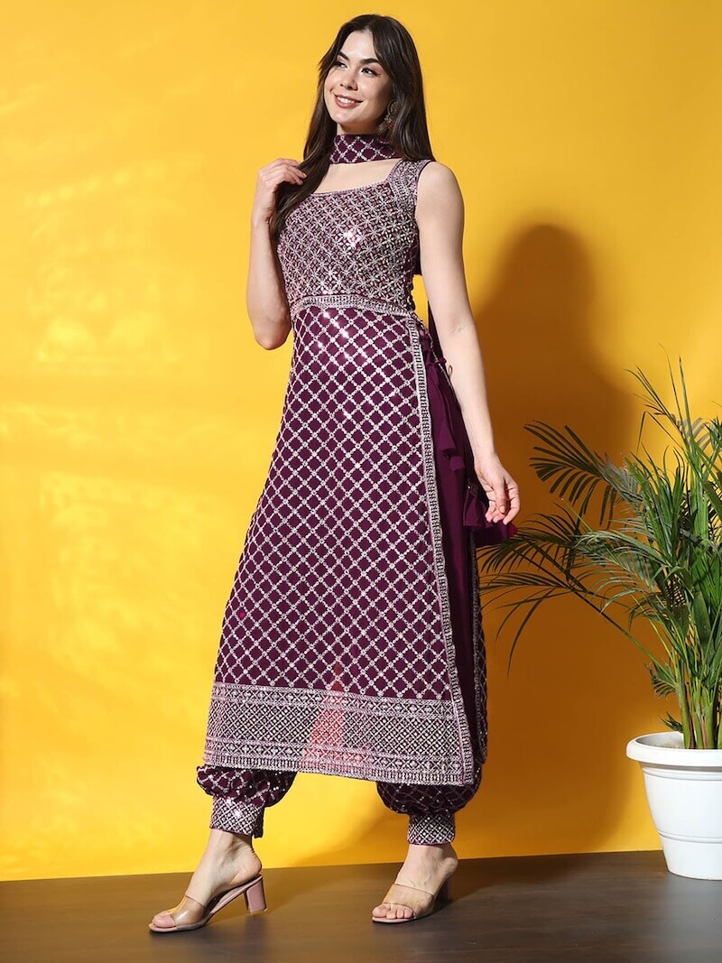 Sequinned Nyraa Style Kurta with Afghan Harem Pant and Dupatta (Set of 3) by Chhabra 555