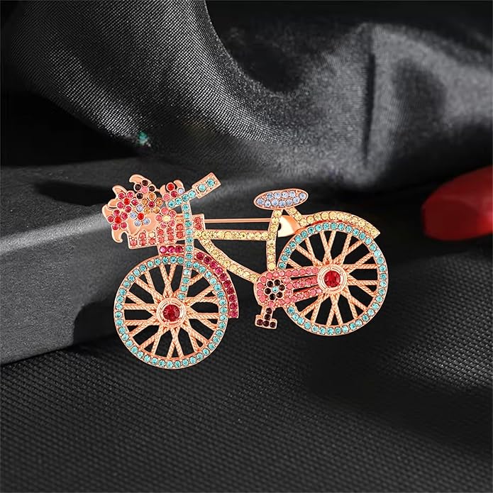 Shiny Flower Basket Design Vintage Bicycle Brooch Pin with Multicolor Crystals by Mahi
