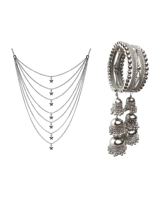 Silver Oxidized Necklace with JhumkiBracelet by Zurikrisha