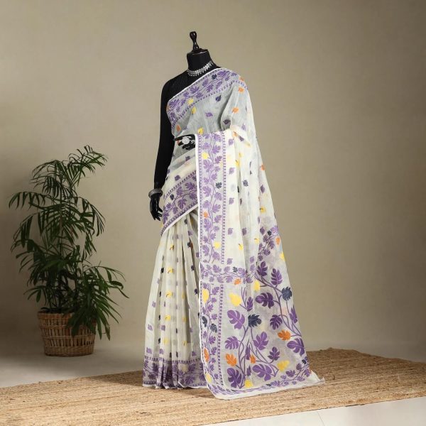 White - Silk Cotton Dhaka Jamdani Saree 01