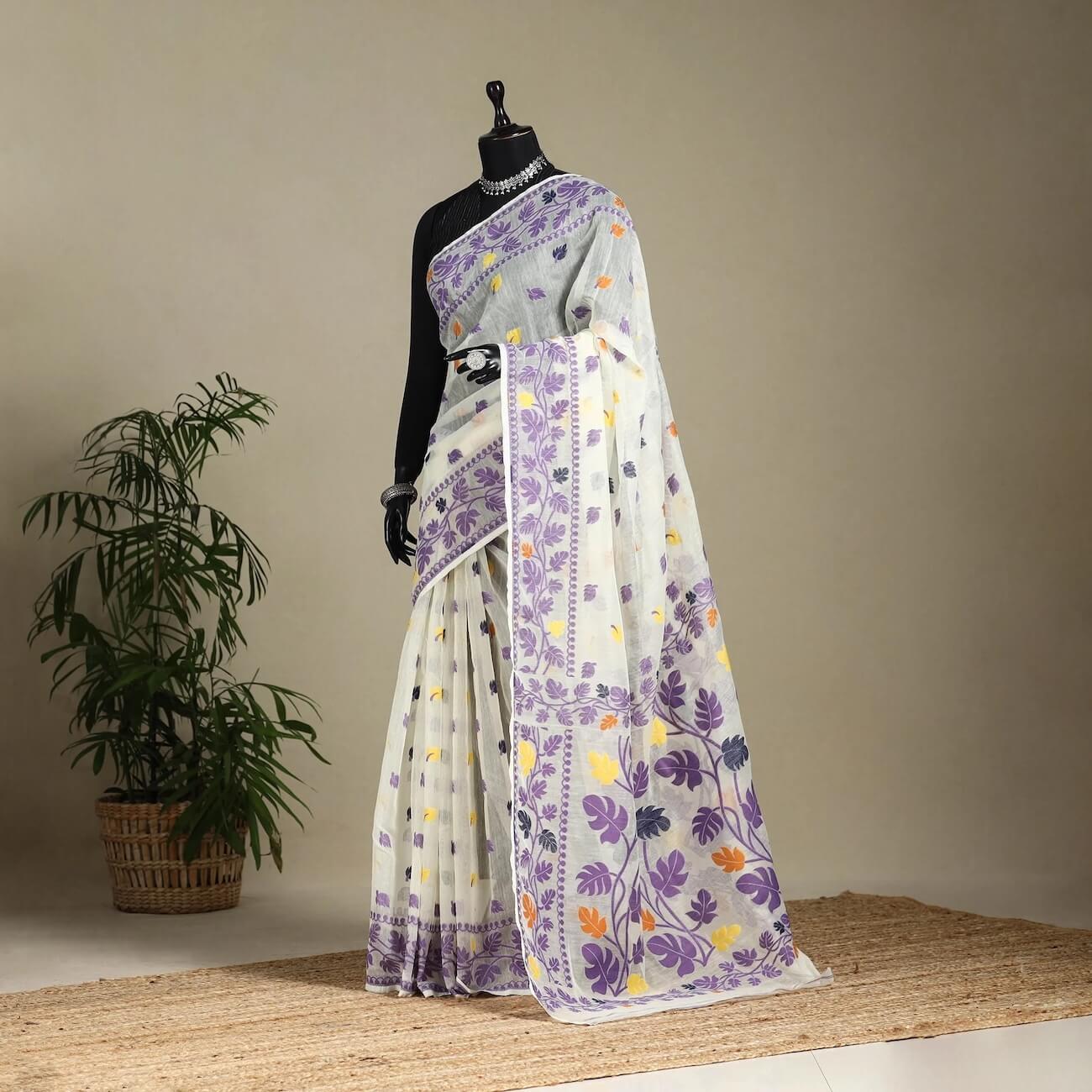 White - Silk Cotton Dhaka Jamdani Saree 01