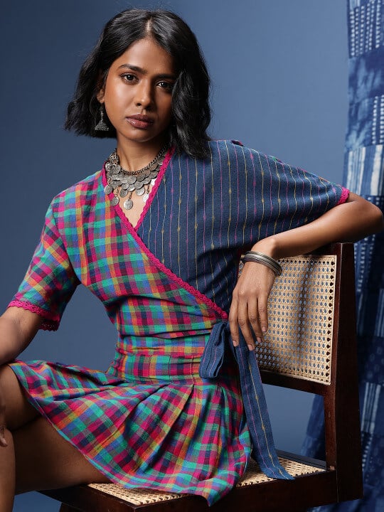 Woven Legacy Checked Wrap Style Crop Top With Mini Skirt by Taavi