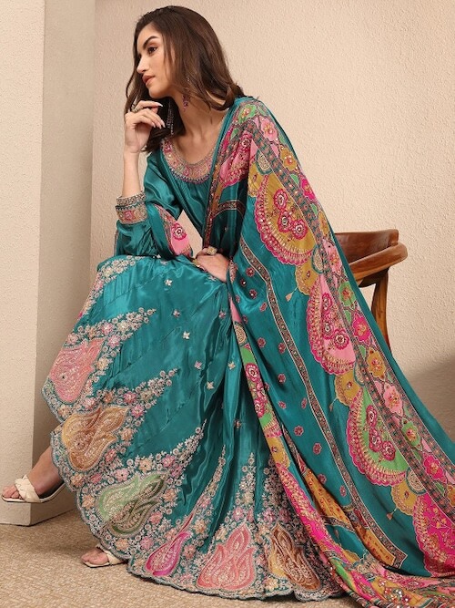 Ethnic Motifs Embroidered Pleated Thread Work Silk Crepe Kurta with Trousers & With Dupatta by Libas Art