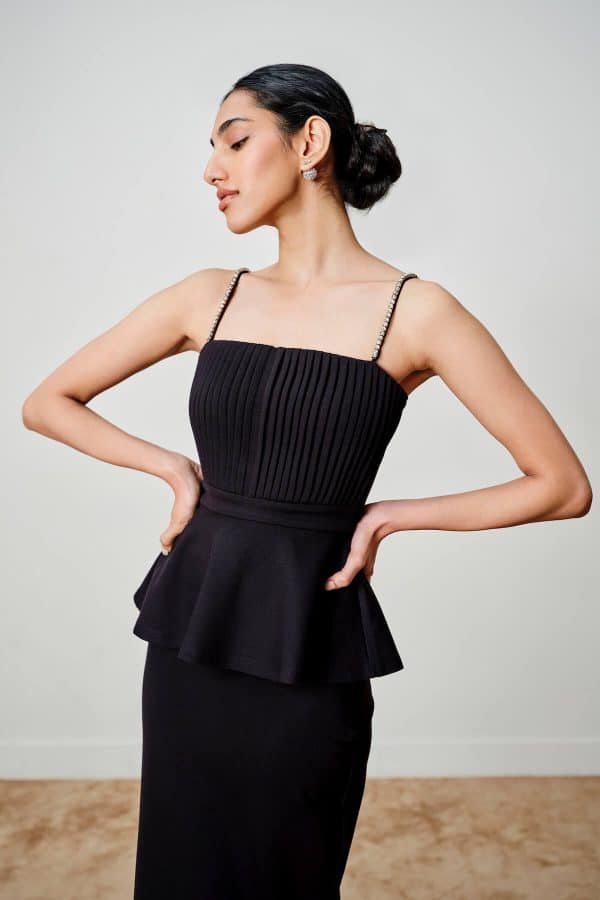 Black Beaded Strappy Peplum Top