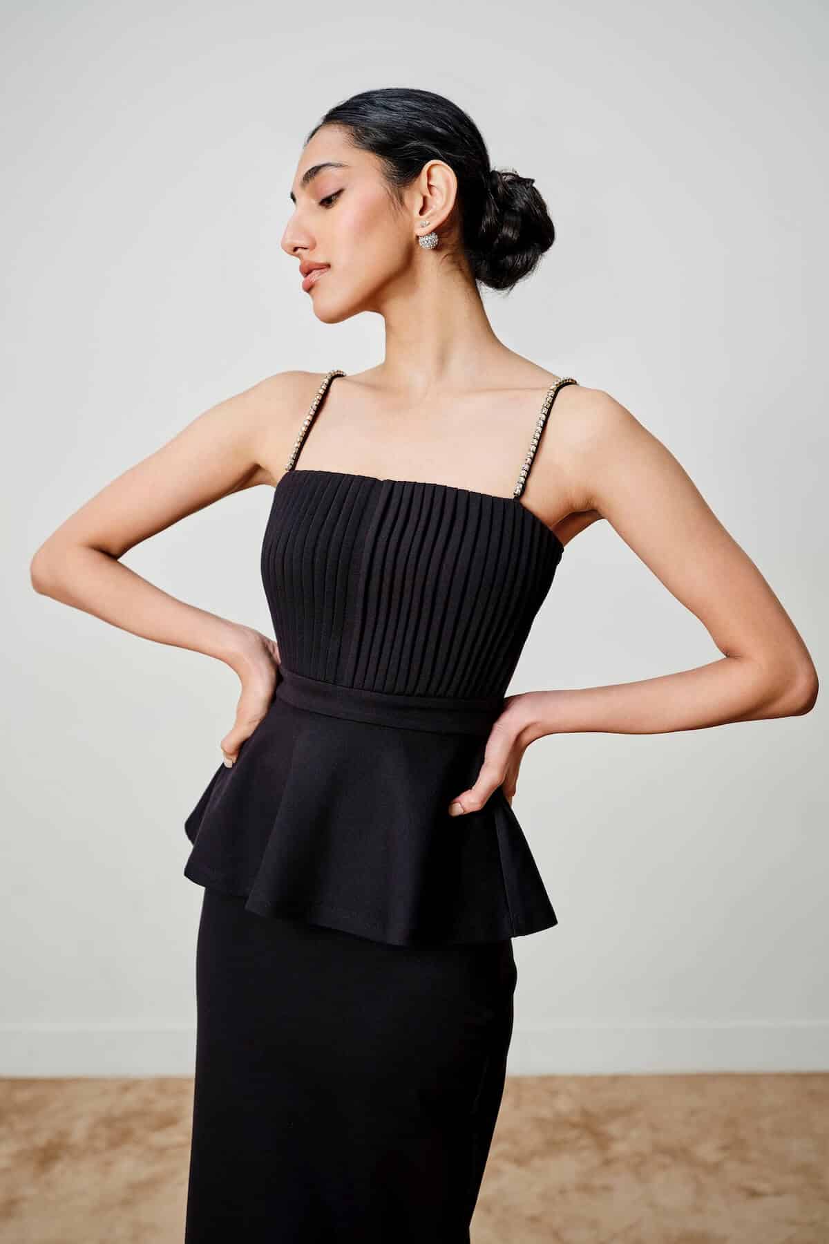 Black Beaded Strappy Peplum Top