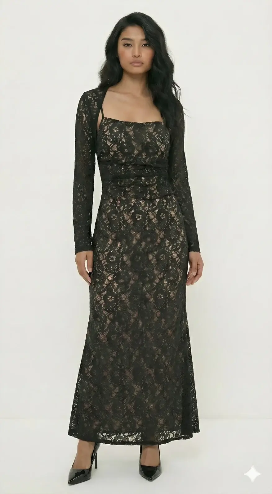 Black Lace Midi Dress with Detachable Cover-up