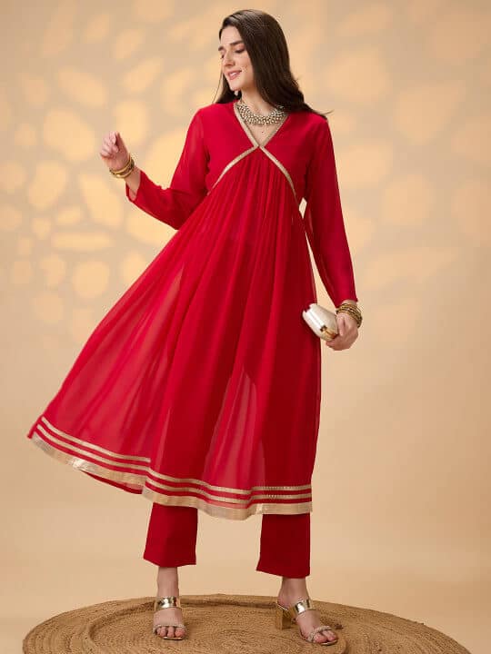V-Neck Empire Gotta Patti Detail Flared A-Line Alia Cut Kurta With Trousers by Globus