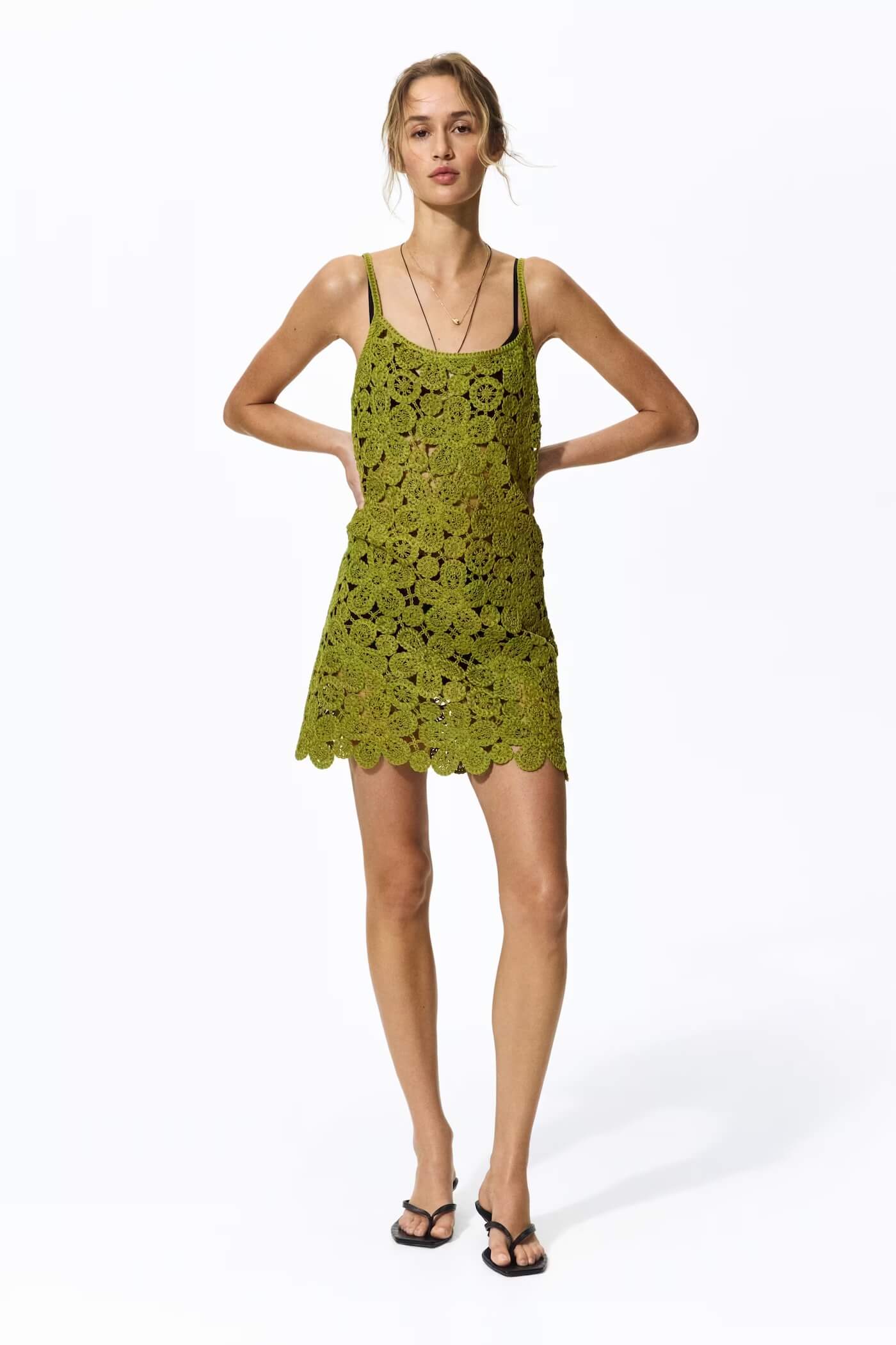 Crochet-Look Mini Dress, Olive Green - TL # 6