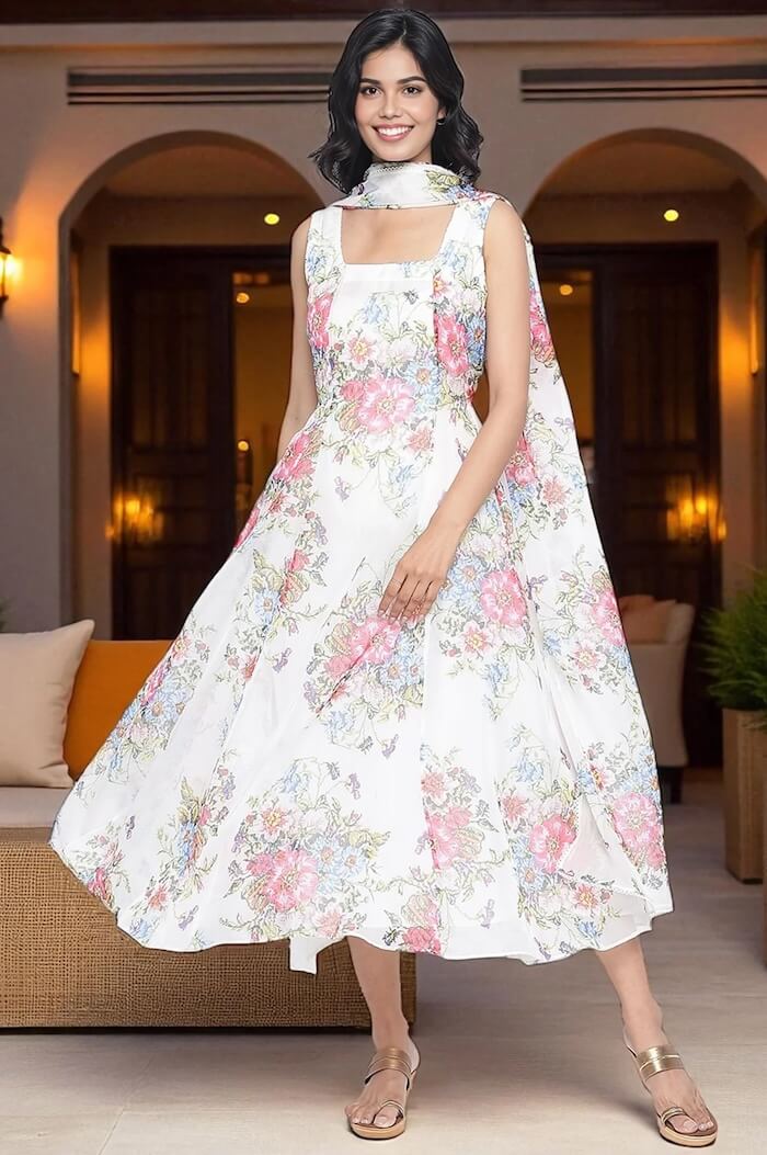 Ecru Printed Organza Flared Dress And Dupatta Set - TL # 6
