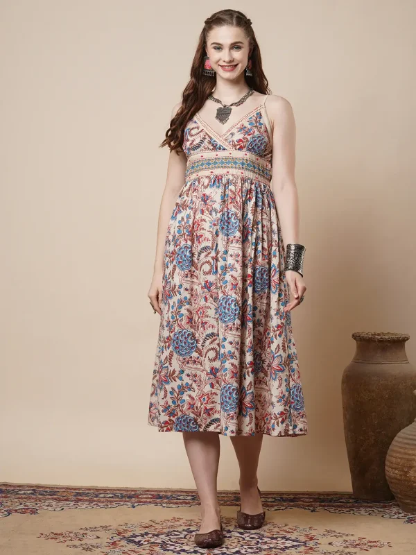 Ethnic Floral Printed & Kantha Embroidered A-Line Pleated Midi Dress - OffWhite