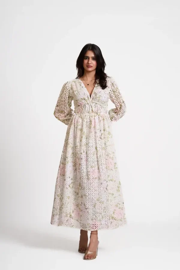 Printed Broderie Plunge Neck Maxi Dress - TL # 6