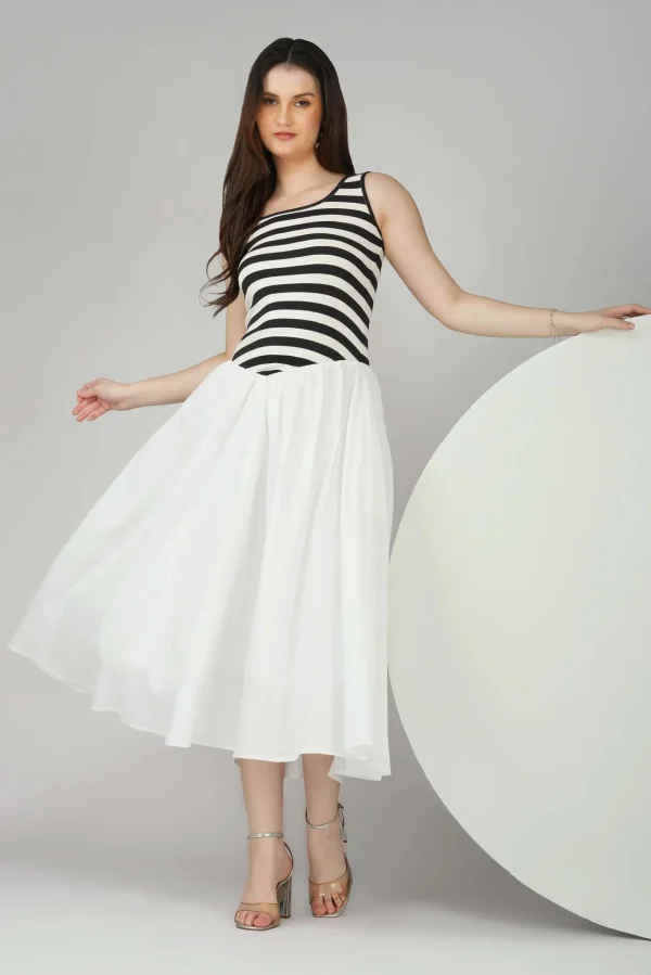 Striped Knit Bodice Dress with Flowy White Bottom - TL # 6