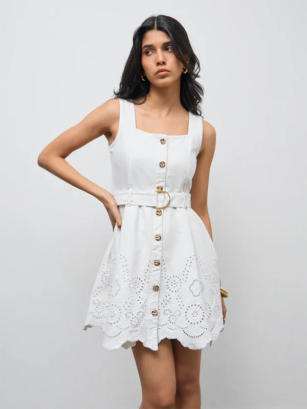 White Schiffli Embroidered Denim A-Line Dress with Belt by Lov
