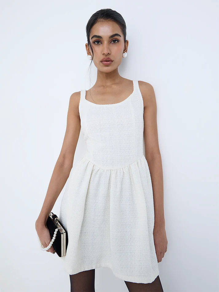 White Schiffli Embroidered Denim A-Line Dress with Belt by Lov - TL # 6