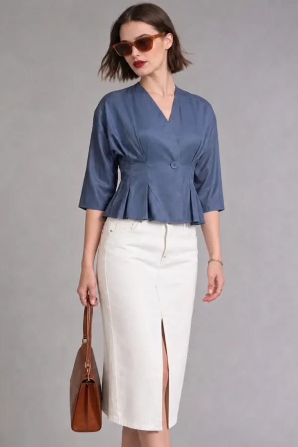 100% Cotton Pleated Wrap Peplum Top, Vance