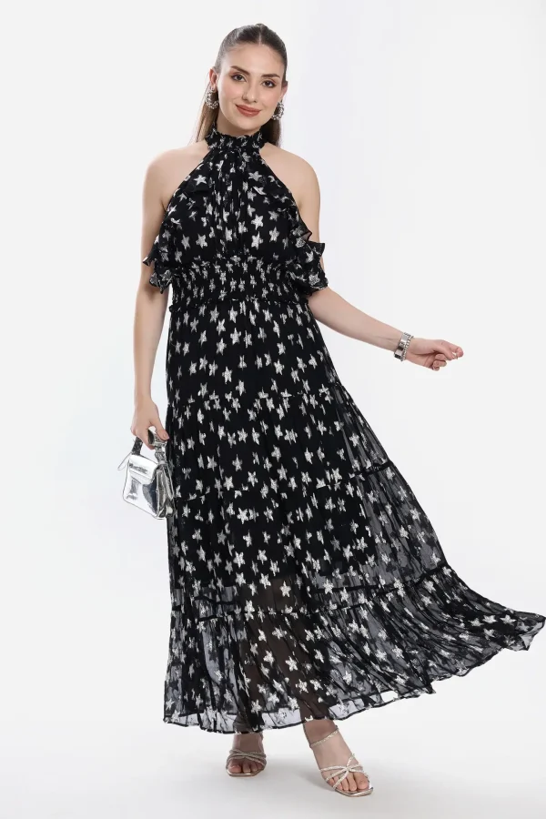 100% Viscose Halter Neck Ruffle Maxi Dress, Malis