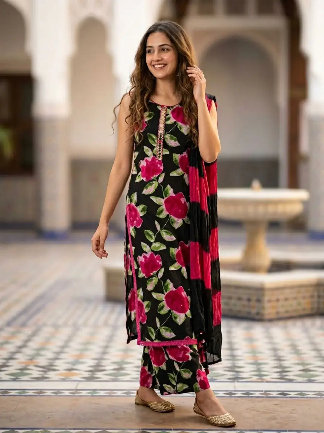 Abstract Floral Printed Sequin Straight Kurta with Palazzo & Dupatta - Black