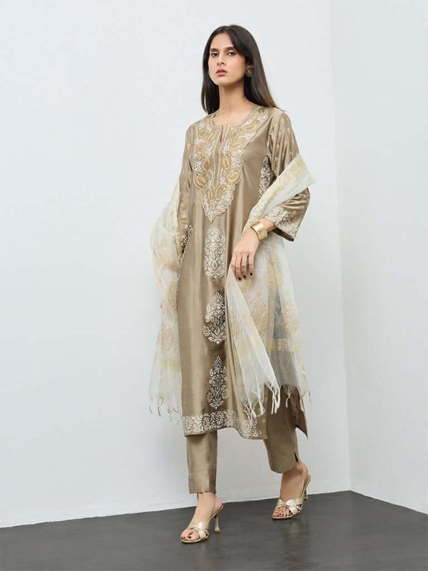 Beige Embroidered A-Line Ethnic Set by Vark
