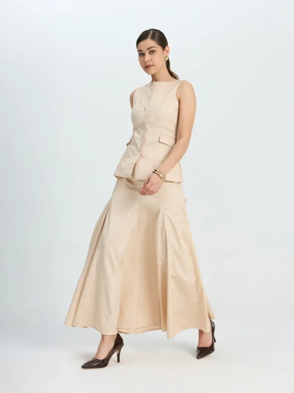 Beige Waistcoat And Long Pleated Skirt Formal Co-ord Set