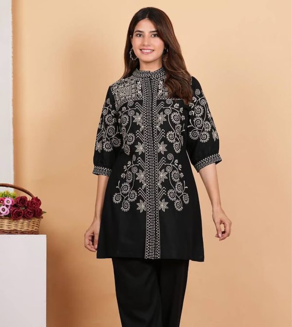 Black Cotton Blend Embroidered Co-Ord Set by Kaftanize