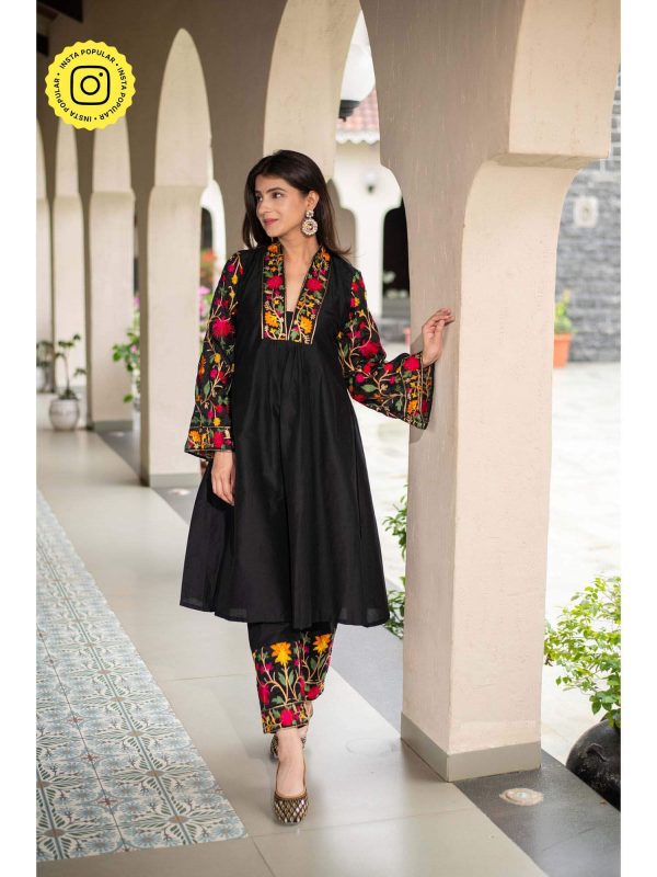 Black Floral Anarkali Kurta with Pant by Label Shaurya Sanadhya