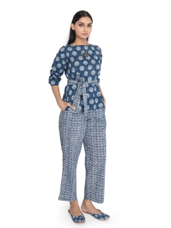 Blue Printed Cotton Co-Ord Set With Belt
