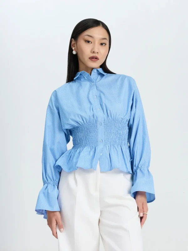 Blue Striped Formal Shirt with Smocked Waist