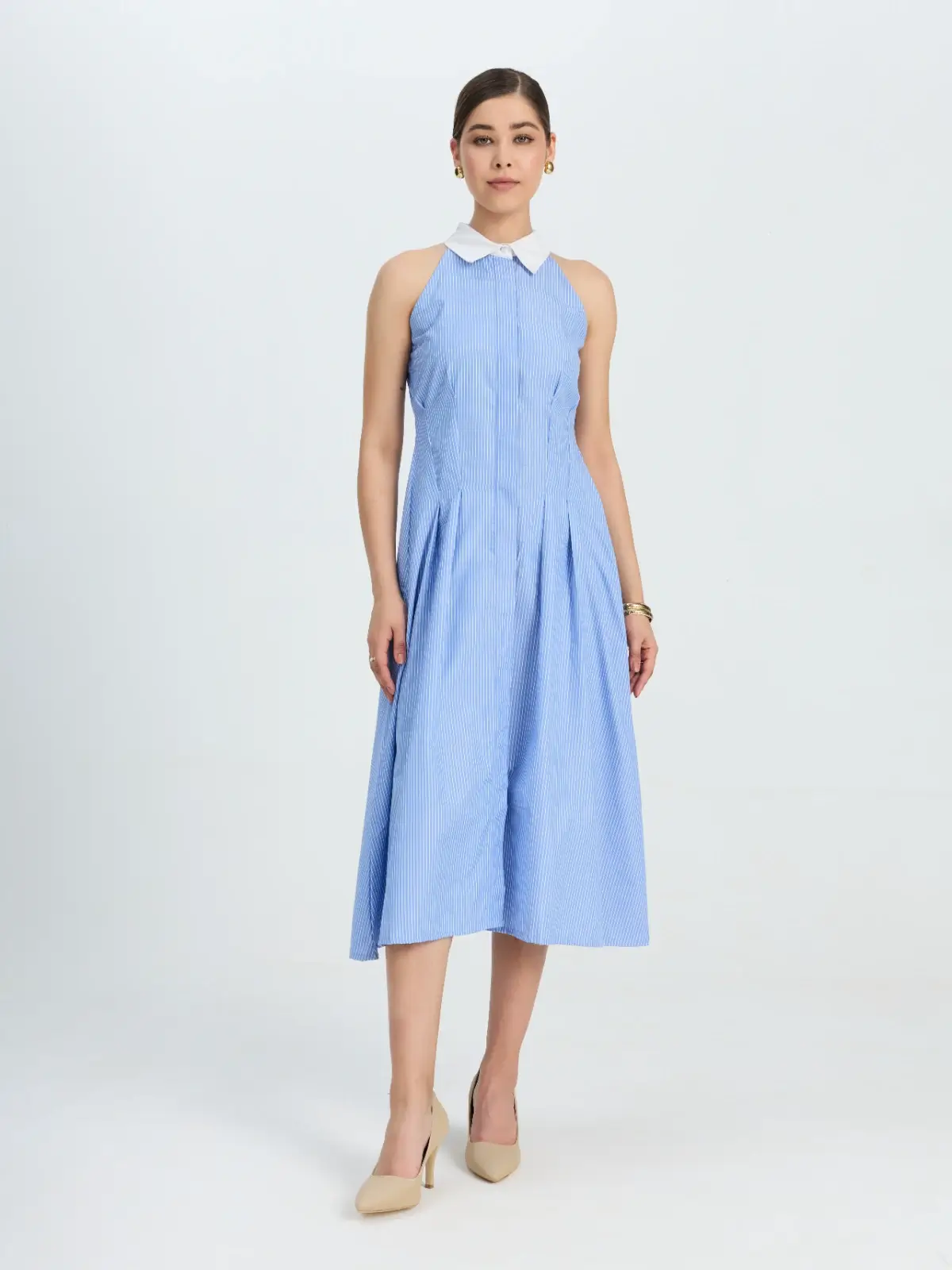 Blue and White Stripe Dress With Contrast Collar