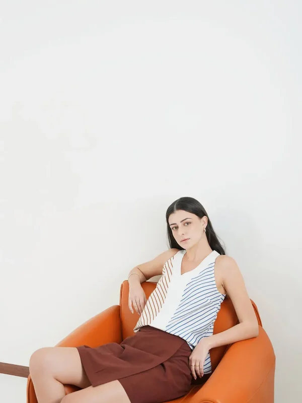 COTTON STRIPED V-NECK TOP - OFF WHITE