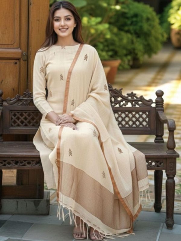 Cream Rayon Blend Printed Straight Kurta and Pant with Dupatta by Gahan