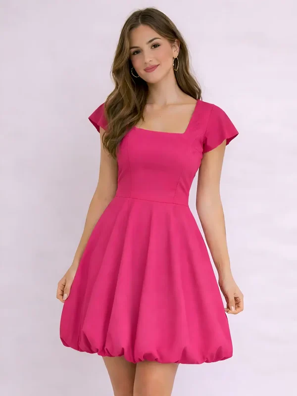 Dark Pink Square Neck Short Sleeves Above Knee Cotton Dress