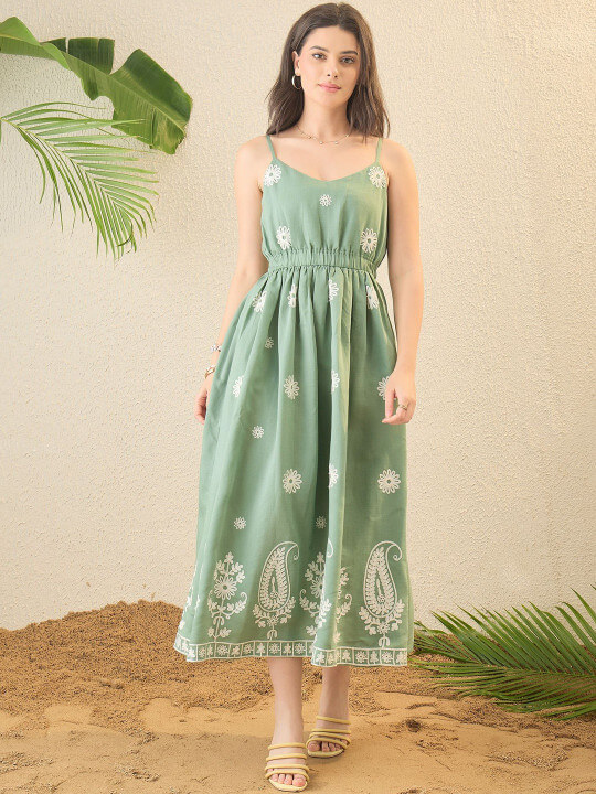 Embroidered A-Line Midi Dress by Kalamir