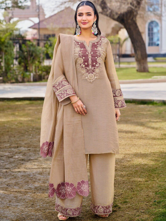 Ethnic Motifs Embroidered Regular Thread Work Kurta with Palazzos & With Dupatta by Autumn Lane