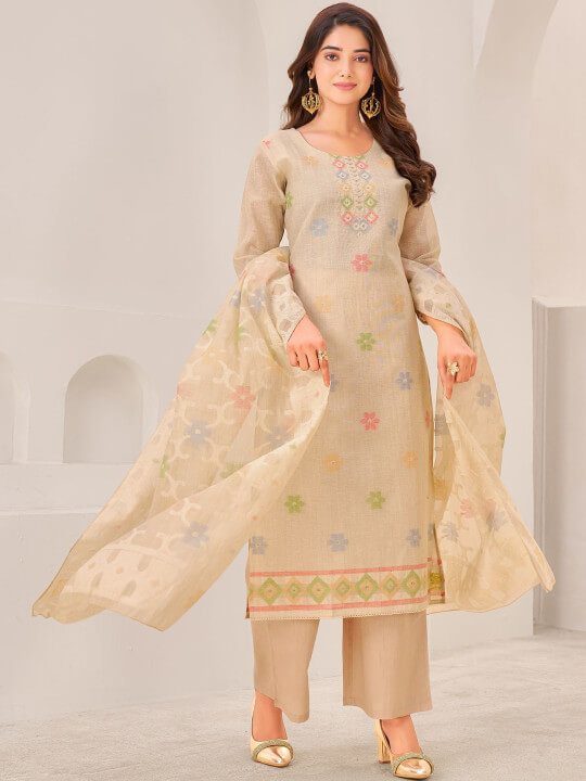 Ethnic Motifs Regular Thread Work Linen Kurta with Palazzos & With Dupatta by Ioly