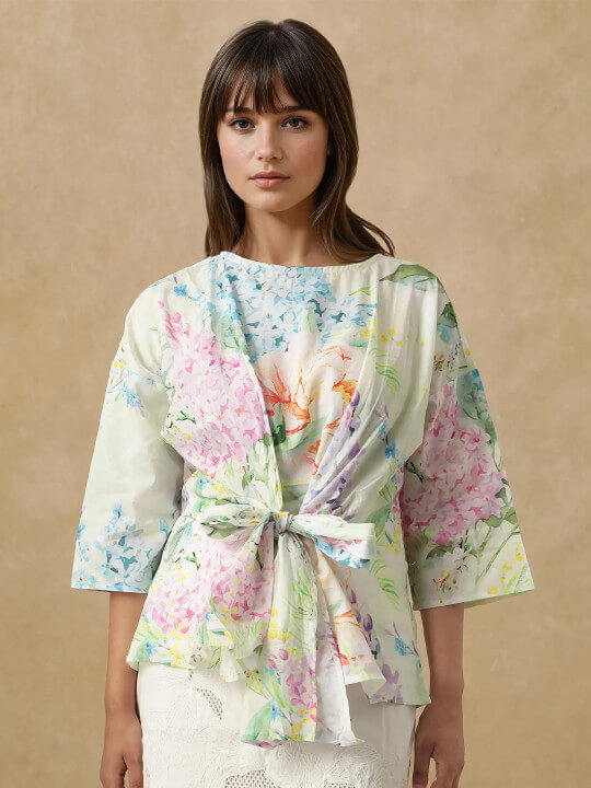 Floral Print Round Neck Flared Sleeve Styled Back Top by Rareism