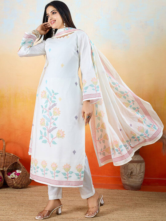 Floral Printed Cotton Kurta with Pyjama & Dupatta by Ioly