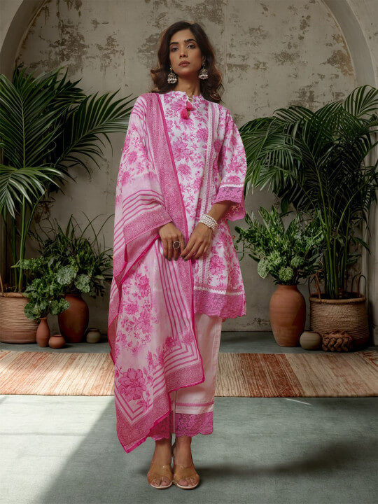 Floral Printed Linen Kurti with Trouser & Dupatta by House of Pataudi