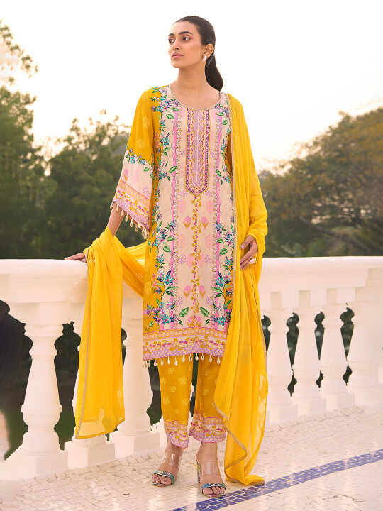 Floral Printed Mirror Work Pure Silk A-Line Kurta With Trousers & Dupatta by Anouk
