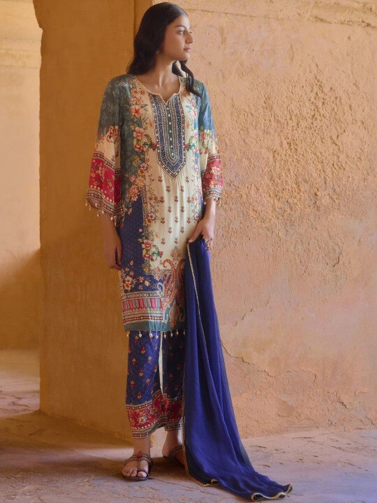 Floral Printed Regular Mirror Work Kurta with Trousers & Dupatta Autumn Lane