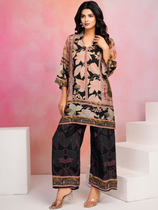 Floral Printed Shirt Collar Straight Kurti With Trousers by Kaftanize