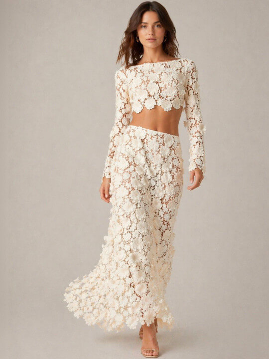 Floral Self Design Boat Neck Top And Skirt by Bebe
