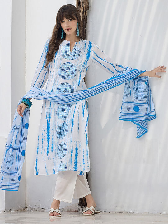 Geometric Dyed Cotton Kurta with Trouser & Dupatta BY Indo Era